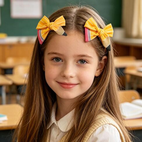 2PCS Back to School Pencil Hair Bows Clips for Girls Yellow Pencil Bow Alligator Clips Cute Hair Accessories for First Day of School Kindergarten Decoration Student Teacher Hairpins in Kuwait