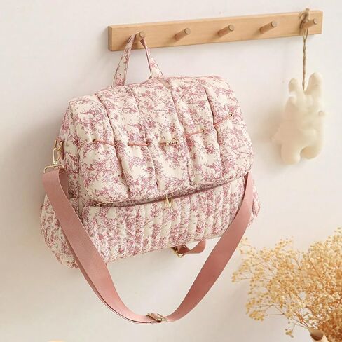 Lushandy Quilted Diaper Bag Backpack, Vintage Floral Puffer Diaper Backpack Large Baby Travel Bag Mom Hospital Bag in Kuwait
