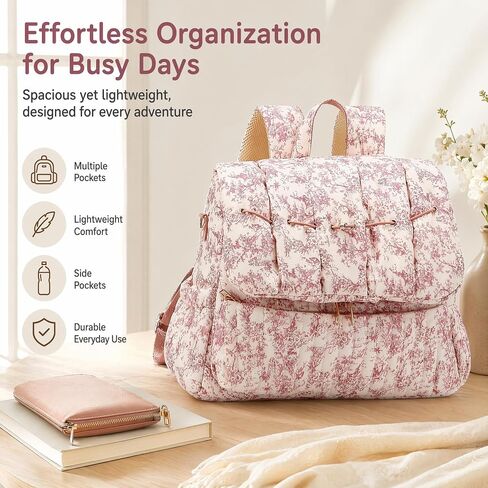Lushandy Quilted Diaper Bag Backpack, Vintage Floral Puffer Diaper Backpack Large Baby Travel Bag Mom Hospital Bag in Kuwait