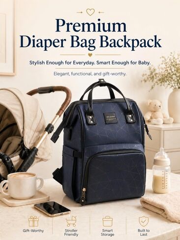 Diaper Bag Backpack, Unisex PU Leather, Very Dark Navy Blue, 16 Pockets, Insulated 3-Bottle Front, Removable Divider, Rear Zip Access, Wipes Dispenser, Stroller Straps, Luggage Sleeve in Kuwait