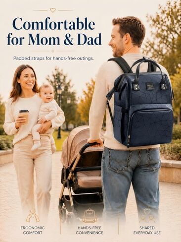 Diaper Bag Backpack, Unisex PU Leather, Very Dark Navy Blue, 16 Pockets, Insulated 3-Bottle Front, Removable Divider, Rear Zip Access, Wipes Dispenser, Stroller Straps, Luggage Sleeve in Kuwait