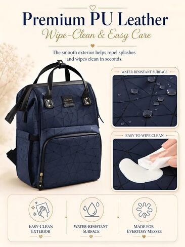 Diaper Bag Backpack, Unisex PU Leather, Very Dark Navy Blue, 16 Pockets, Insulated 3-Bottle Front, Removable Divider, Rear Zip Access, Wipes Dispenser, Stroller Straps, Luggage Sleeve in Kuwait