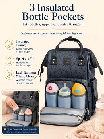 Diaper Bag Backpack, Unisex PU Leather, Very Dark Navy Blue, 16 Pockets, Insulated 3-Bottle Front, Removable Divider, Rear Zip Access, Wipes Dispenser, Stroller Straps, Luggage Sleeve in Kuwait