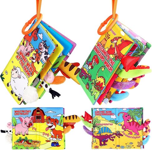 Vanmor 2 PCS Crinkle Baby Books 0-6 Months, Sensory Touch Feel Busy Soft Activity Book for Infants, Dinosaur & Farm Travel Toys, Newborn Must Haves Shower Gifts for Baby Boy Girl in Kuwait