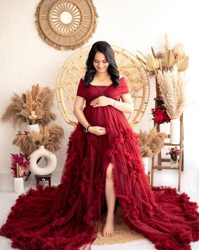 Tianzhihe Tulle Maternity Dresses for Photoshoot with Train Long Ruffle Flowy Elegant Pregnancy Baby Shower Dress in Kuwait