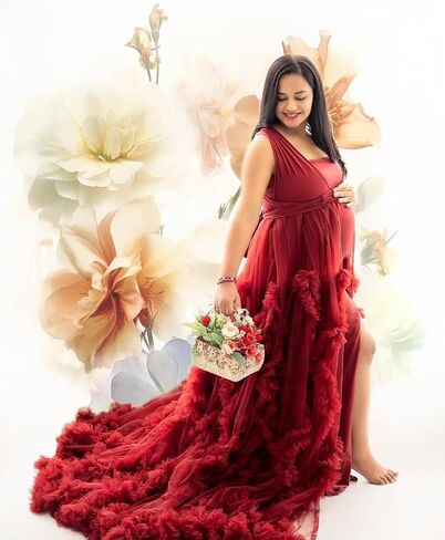 Tianzhihe Tulle Maternity Dresses for Photoshoot with Train Long Ruffle Flowy Elegant Pregnancy Baby Shower Dress in Kuwait