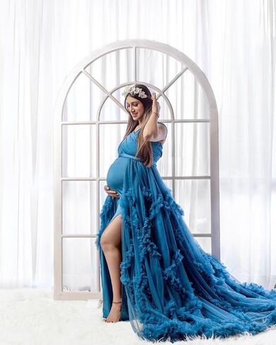 Tianzhihe Tulle Maternity Dresses for Photoshoot with Train Long Ruffle Flowy Elegant Pregnancy Baby Shower Dress in Kuwait