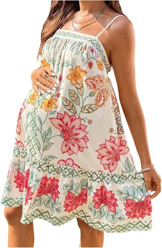 OYOANGLE Women's Maternity Floral Swing Dress Spaghetti Strap Boho Flowy Pregnancy Summer Sundress in Kuwait