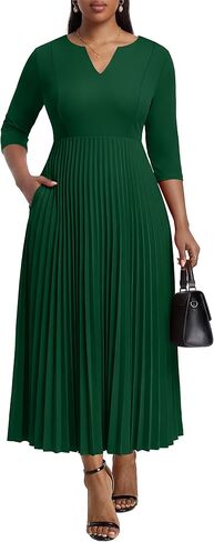 Nmoder Maxi Long Dress for Women, Casual Pleated Empire Waist Dresses V-Neck 3/4 Sleeve with Pockets in Kuwait