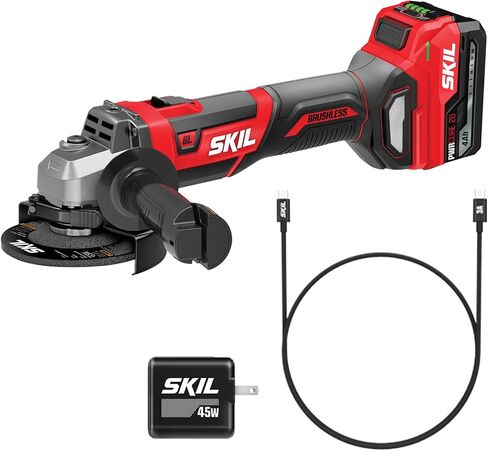 SKIL PWR CORE 20 Brushless 20V 4-1/2-Inch Angle Grinder Kit, Includes 5.0Ah Battery, PWRJump Charger and PWRAssist USB Adapter - AG2907-1A in Kuwait