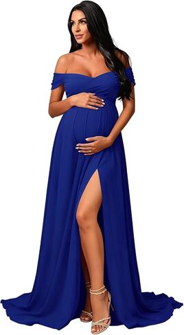 Off Shoulder Maternity Dresses for Photoshoot Long Chiffon Flowy Baby Shower Gown with Slit in Kuwait