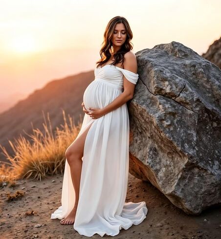 Off Shoulder Maternity Dresses for Photoshoot Long Chiffon Flowy Baby Shower Gown with Slit in Kuwait