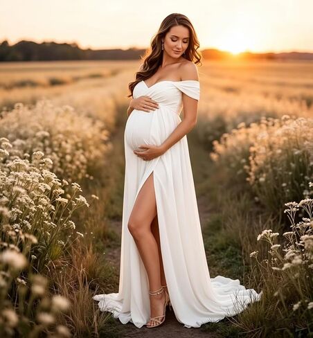 Off Shoulder Maternity Dresses for Photoshoot Long Chiffon Flowy Baby Shower Gown with Slit in Kuwait