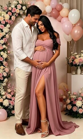 Off Shoulder Maternity Dresses for Photoshoot Long Chiffon Flowy Baby Shower Gown with Slit in Kuwait