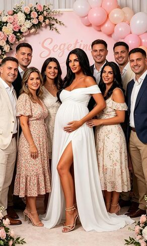 Off Shoulder Maternity Dresses for Photoshoot Long Chiffon Flowy Baby Shower Gown with Slit in Kuwait