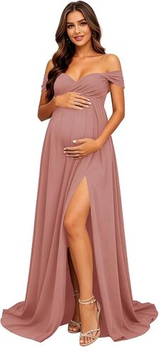 Chiffon Maternity Dress for Photoshoot Off Shoulder Long Baby Shower | 2026 Elegant Flowy Dress Ruffle A Line Lace Back Formal Wedding Evening Gowns in Kuwait