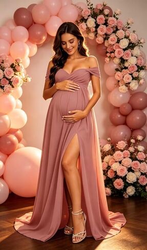 Chiffon Maternity Dress for Photoshoot Off Shoulder Long Baby Shower | 2026 Elegant Flowy Dress Ruffle A Line Lace Back Formal Wedding Evening Gowns in Kuwait