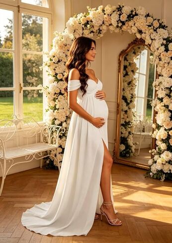 Chiffon Maternity Dress for Photoshoot Off Shoulder Long Baby Shower | 2026 Elegant Flowy Dress Ruffle A Line Lace Back Formal Wedding Evening Gowns in Kuwait