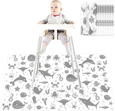 Drydiet 100 Pack 28"x47" Disposable Floor Splat Mats for Under High Chair with Animals Print, Waterproof Plastic Floor Mat Multipurpose Baby Led Weaning Supplies(Sea Animal) in Kuwait
