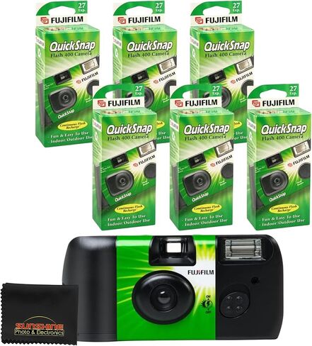 Fujifilm QuickSnap Flash 400 Camera, Fujifilm Disposable Camera with Flash, 27 Exposures with Sunshine Photo Microfiber Cloth (6 Pack) in Kuwait