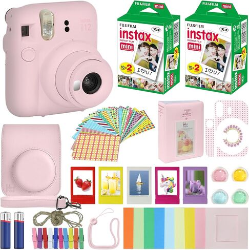 Fujifilm Instax Mini 12 Instant Camera Clay White + Carrying Case + Fuji Instax Film Value Pack (40 Sheets) Accessories Bundle, Color Filters, Photo Album, Assorted Frames in Kuwait