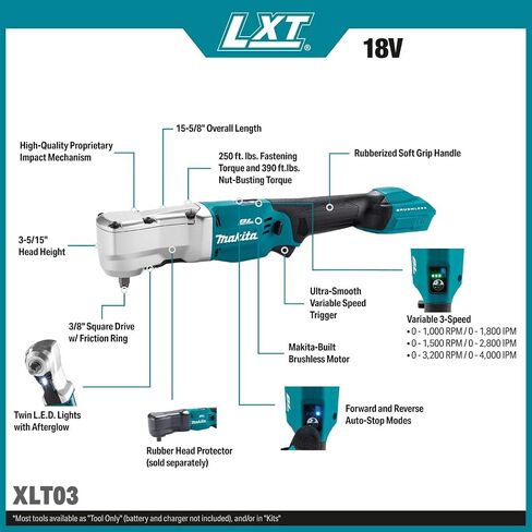 Makita XLT03Z 18V LXT® Lithium-Ion Brushless Cordless High Torque 3/8" Sq. Drive Angle Impact Wrench w/Friction Ring, Tool Only in Kuwait