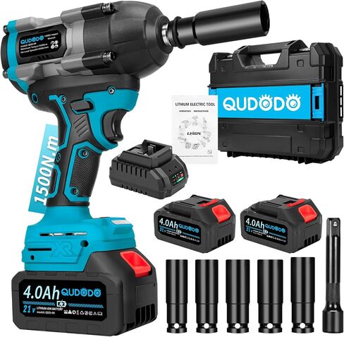1500N.m Cordless Impact Wrench,1/2 Inch 3 Speed Premium High Torque Impact Gun with 2 x 4.0Ah Battery, LED Work Light, Wireless Power Pistola Llave De Impacto with 5 Sockets for Car Truck Mower in Kuwait