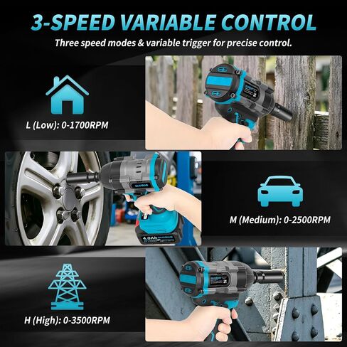 1500N.m Cordless Impact Wrench,1/2 Inch 3 Speed Premium High Torque Impact Gun with 2 x 4.0Ah Battery, LED Work Light, Wireless Power Pistola Llave De Impacto with 5 Sockets for Car Truck Mower in Kuwait