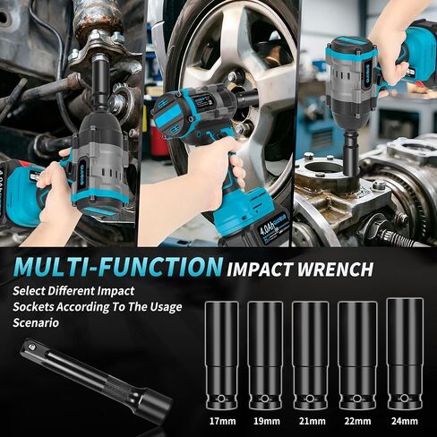 1500N.m Cordless Impact Wrench,1/2 Inch 3 Speed Premium High Torque Impact Gun with 2 x 4.0Ah Battery, LED Work Light, Wireless Power Pistola Llave De Impacto with 5 Sockets for Car Truck Mower in Kuwait