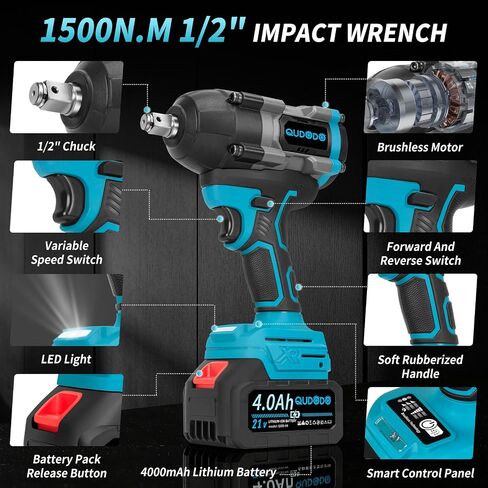 1500N.m Cordless Impact Wrench,1/2 Inch 3 Speed Premium High Torque Impact Gun with 2 x 4.0Ah Battery, LED Work Light, Wireless Power Pistola Llave De Impacto with 5 Sockets for Car Truck Mower in Kuwait