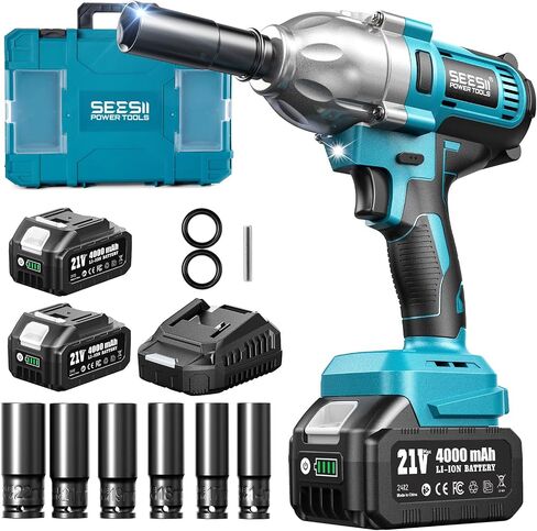 Seesii Impact Wrench 665 FT-LBS(900N.m) 3300IPM 1/2 Impact Gun High Torque Electric Impact Driver Cordless Impact Wrench with 21V 2x4.0Ah Battery 6 Sockets&Case for Home Car Tire Lug Nut Removal Tool in Kuwait