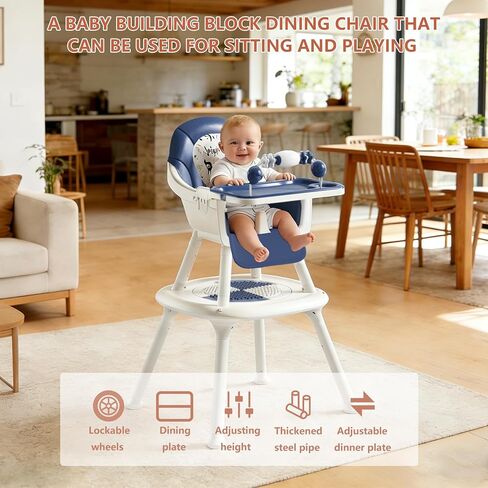 Convertible 4-in-1 Baby High Chair with Block Table, Infant to Toddler Feeding Chair with Play Tray & Built-in Toys, Removable PU Cushion, Easy to Clean Dining & Activity Chair–Blue in Saudi Arabia