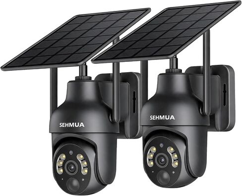 SEHMUA 2K Solar Security Cameras Wireless Outdoor, 2 Pack 360° View Pan/Tilt WiFi Security Camera Outside with Color Night Vision, Easy to Install, PIR Alarm, 2-Way Audio, Black in Kuwait
