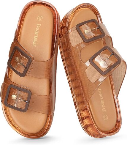 Pool Slides for Women Non-Slip Beach Brown Sandals Size 6 | Clear PVC, Water Resistant, Quick Dry, Adjustable Double Strap, Slip on, Cushioned Footbed, for Casual, Shower, Vacation in Kuwait