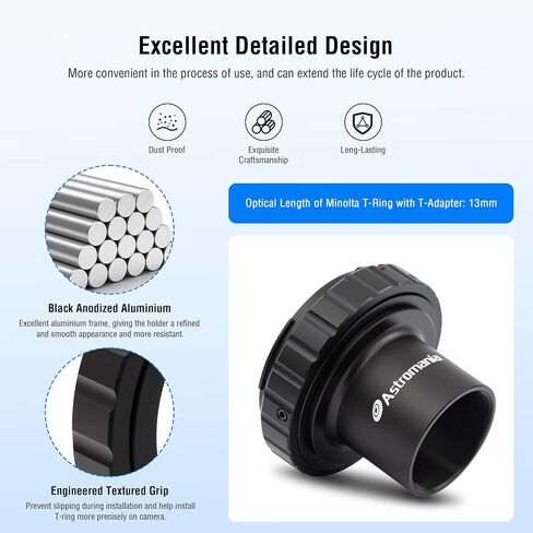 Astromania T2 T Ring and T Adapter for Minolta AF Bayonet SLR/DSLR Cameras | Black Anodized Aluminum,With Hex Wrench,Adapter Set-Mount Camera to Telescope,Achieve Astrophotography,13mm Optical Length in Kuwait