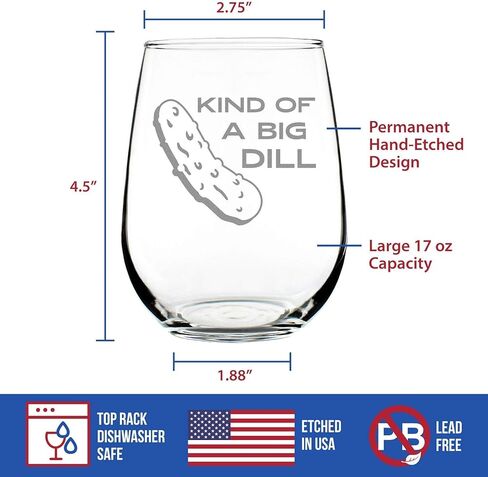 Bevvee Kind of a Big Dill – Stemless Wine Glass - Funny Pickle Gift, Large Glasses, Etched Sayings, Gift Box in Kuwait
