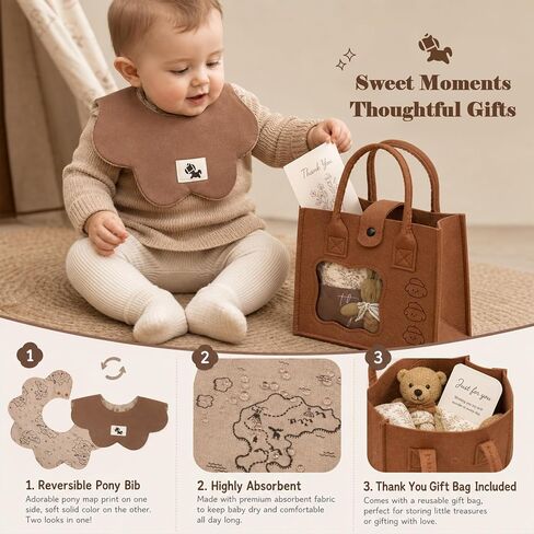 Golray Baby Gifts for Baby Shower, 9pcs Newborn Essential for Boys Girls 0-6 Months with Footed Romper/Muslin Swaddle Blanket/Felt Storage Bag/Bib, Welcome Baby Gender Reveal Infant Gift Box Set in Kuwait