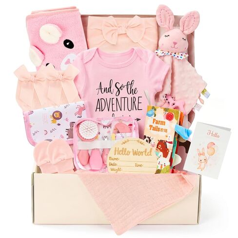 13Pcs Baby Shower Gifts, Baby Girl Gift Basket for Couple | Newborn Gift with Swaddle Blanket & Pink Bunny for New Mom, Baby Shower, Gender Reveal, First Time Mom & Dad Essentials in Kuwait