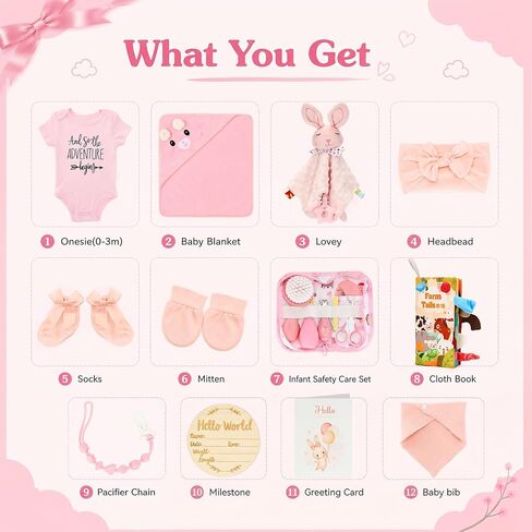 13Pcs Baby Shower Gifts, Baby Girl Gift Basket for Couple | Newborn Gift with Swaddle Blanket & Pink Bunny for New Mom, Baby Shower, Gender Reveal, First Time Mom & Dad Essentials in Kuwait