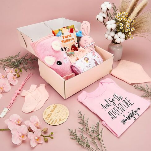 13Pcs Baby Shower Gifts, Baby Girl Gift Basket for Couple | Newborn Gift with Swaddle Blanket & Pink Bunny for New Mom, Baby Shower, Gender Reveal, First Time Mom & Dad Essentials in Kuwait