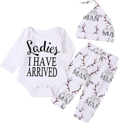 Newborn Suit For Baby Shower Deer Print Long Sleeve Romper+Long Pants+Hat (0-3months, Man),3M in Kuwait