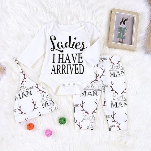 Newborn Suit For Baby Shower Deer Print Long Sleeve Romper+Long Pants+Hat (0-3months, Man),3M in Kuwait