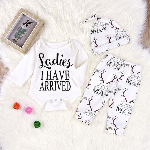 Newborn Suit For Baby Shower Deer Print Long Sleeve Romper+Long Pants+Hat (0-3months, Man),3M in Kuwait