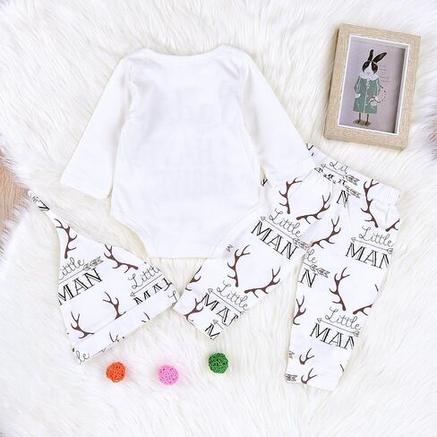 Newborn Suit For Baby Shower Deer Print Long Sleeve Romper+Long Pants+Hat (0-3months, Man),3M in Kuwait