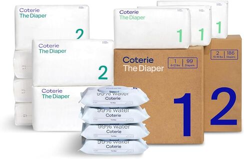 Coterie Baby Wipes + Diapers Kit, Size 2 Diapers, 12-Pack Wipes | Includes Size 2 diapers (186 ct), 12 pk (672 ct) wipes, 99% water, plant based, hypoallergenic for sensitive skin in Kuwait