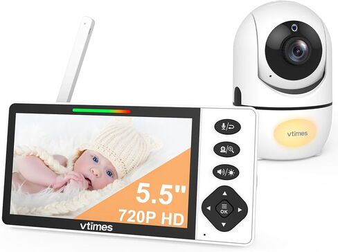 VTimes Baby Monitor with Camera and Audio, 5.5" 720P HD Screen Video Baby Monitor No WiFi VOX Mode Pan-Tilt-Zoom Alarm and 1000ft Range, Night Vision and Night Light, Ideal for Baby/Elderly/Pet in Kuwait