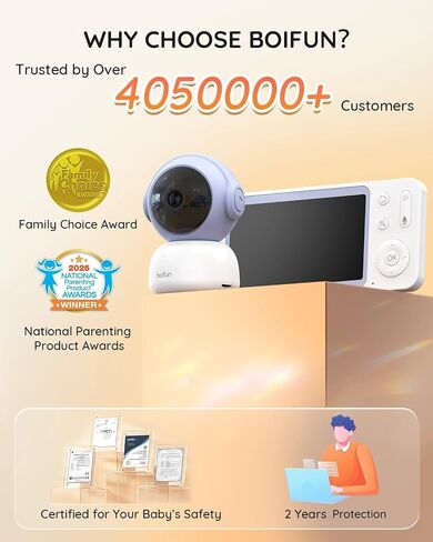 BOIFUN Wi-Fi Baby Monitor with Camera and Audio, Smartphone Compatible APP, 2K HD Night Vision with 5" Display, Auto Motion Tracking & Cry Detection, 2-Way Talk, Temp Sensor, Safe Encrypted in Kuwait