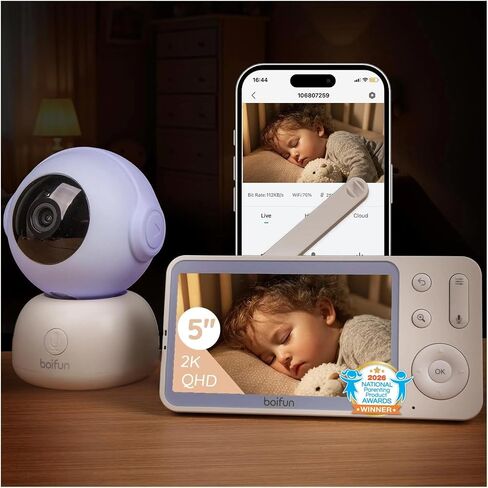 BOIFUN Wi-Fi Baby Monitor with Camera and Audio, Smartphone Compatible APP, 2K HD Night Vision with 5" Display, Auto Motion Tracking & Cry Detection, 2-Way Talk, Temp Sensor, Safe Encrypted in Kuwait