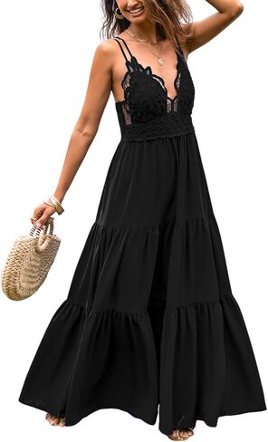 CUPSHE Women Summer Beach Maxi Dress Lace Cutout Plunge V Backless Cami Strape Tiered Ruffle Long Formal Wedding Dress in Kuwait