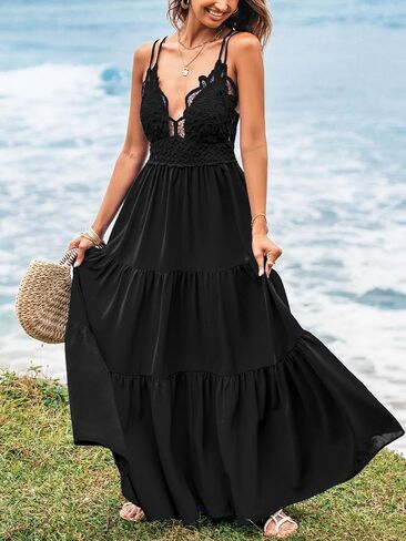 CUPSHE Women Summer Beach Maxi Dress Lace Cutout Plunge V Backless Cami Strape Tiered Ruffle Long Formal Wedding Dress in Kuwait